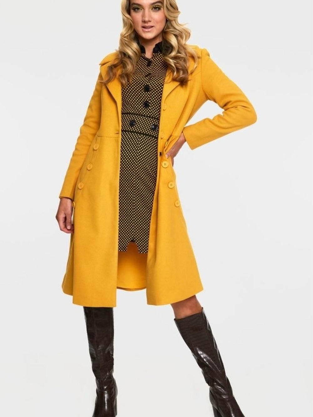 Voodoo Vixen Mustard Yellow Double-Breasted Trench Coat